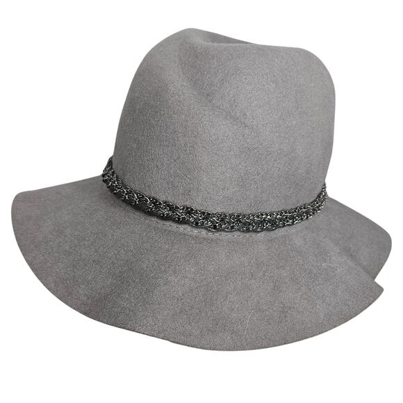 CC Exclusives Gray 100% Wool Wide Floppy Brim Hat Boho Braided Metal Chain Band - Picture 2 of 6